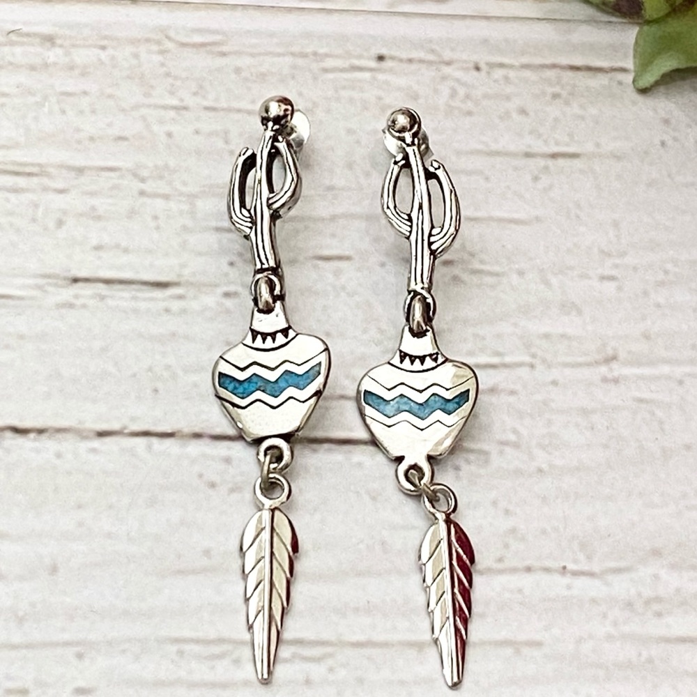 Southwestern Style Cactus Vase Inlay Earrings